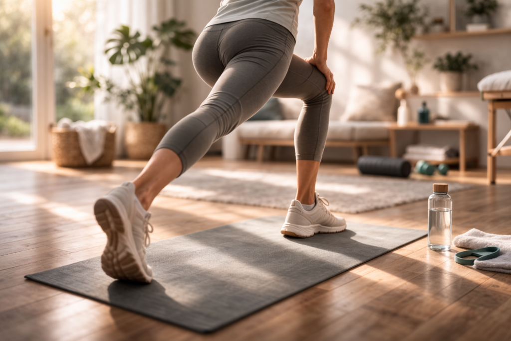 Person führt in einem ruhigen Wohnraum einen kontrollierten Ausfallschritt zur Rehabilitation nach einer Knieverletzung aus.